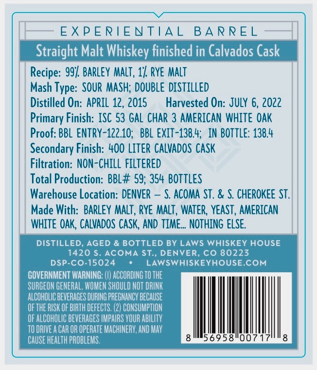 Laws Whiskey House "Laws & Order: Calvados Case" Straight Malt Whiskey Finished in Calvados Cask The Prime Barrel Pick #63 - De Wine Spot | DWS - Drams/Whiskey, Wines, Sake