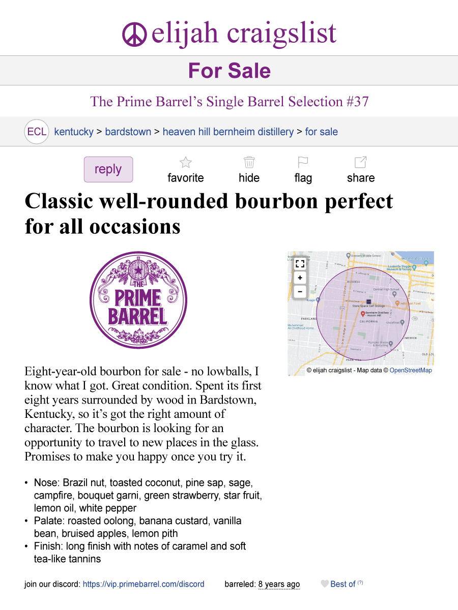 Elijah Craig 8 Years Single Barrel Kentucky Straight Bourbon Whiskey The Prime Barrel Pick #37 - De Wine Spot | DWS - Drams/Whiskey, Wines, Sake