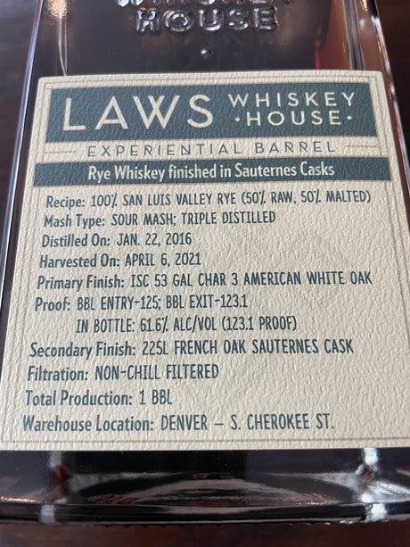 Laws Whiskey House "Breaking The Law: Prime Suspect" Collaboration Experiential Single Barrel Sauternes Finish Rye Whiskey - De Wine Spot | DWS - Drams/Whiskey, Wines, Sake