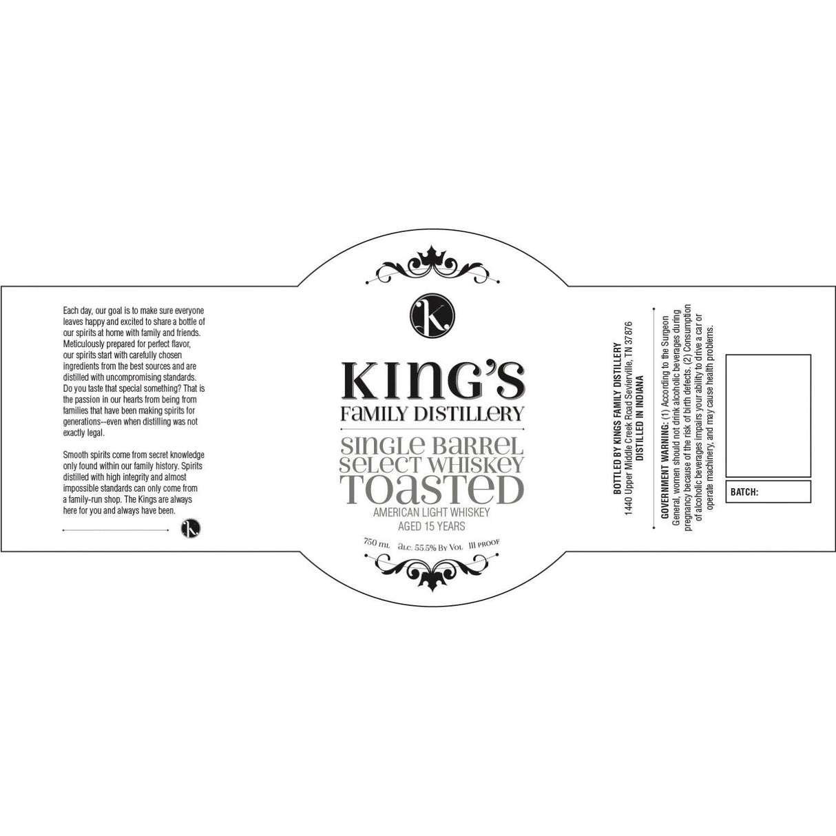 King's Family Distillery 15 Years Old Single Barrel Select "Toasted" American Light Whiskey | Free Shipping on orders $400+