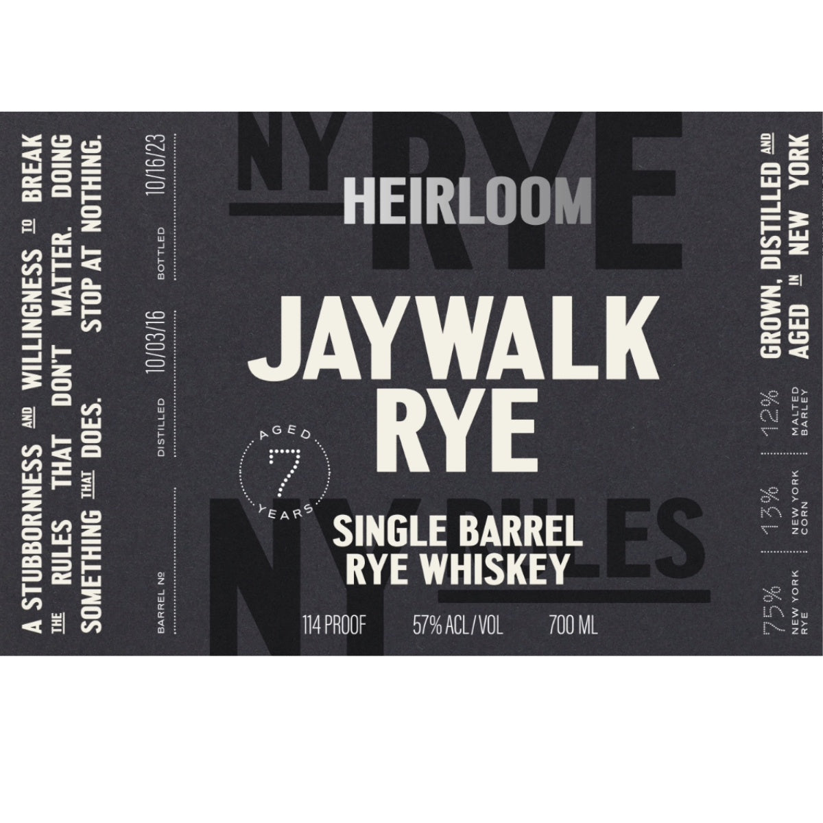 New York Distilling Company 7 Year Heirloom Jaywalk Single Barrel Rye Whiskey | Free Shipping on orders $400+