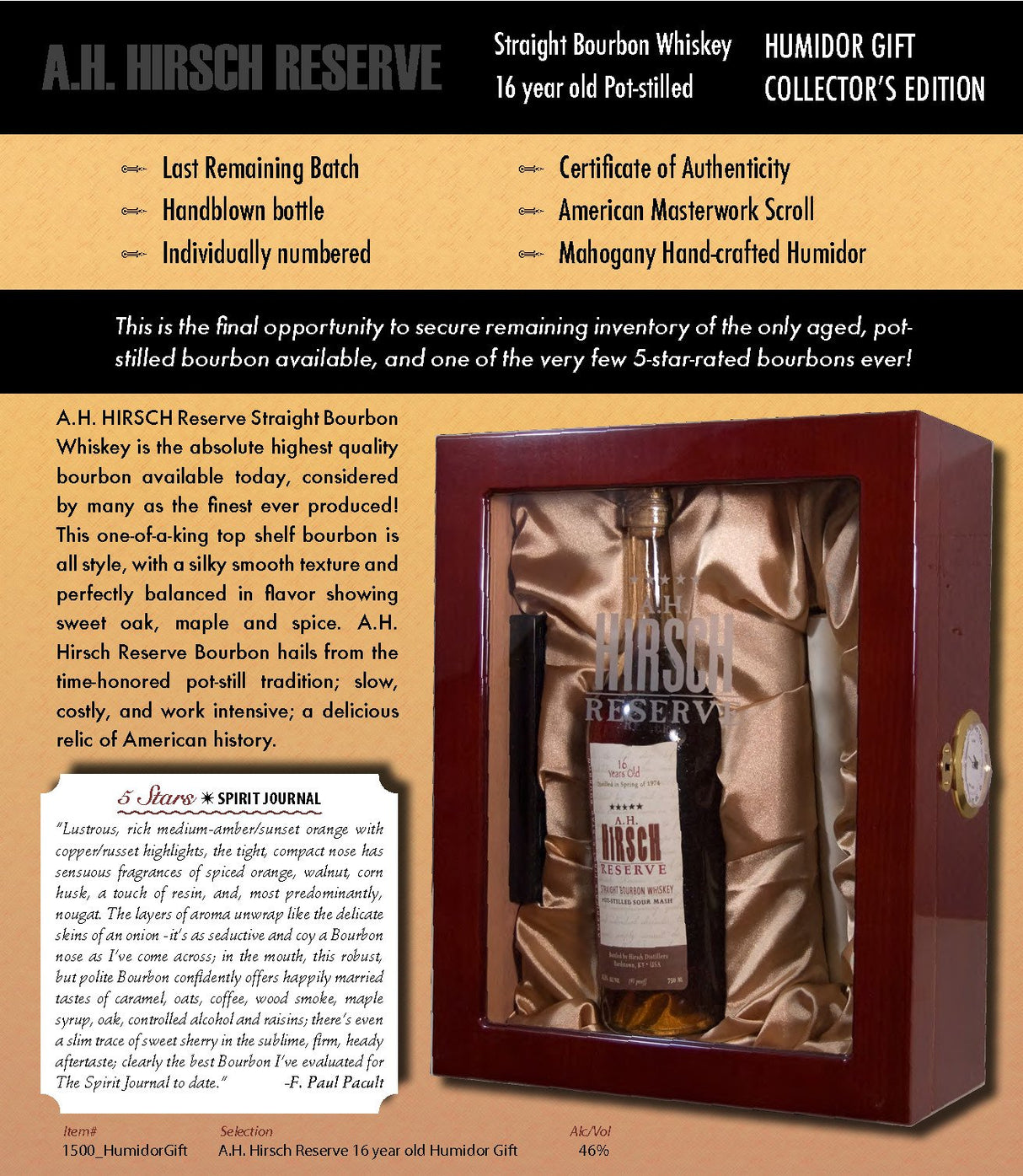 A.H. Hirsch 16yr 'Humidor Edition' Bourbon | Free Shipping on orders $400+