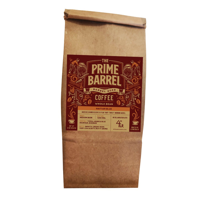 The Prime Barrel x 4th Level Roasters Haitian Blue Collab Barrel Aged Whole Bean Coffee | Free Shipping on orders $400+