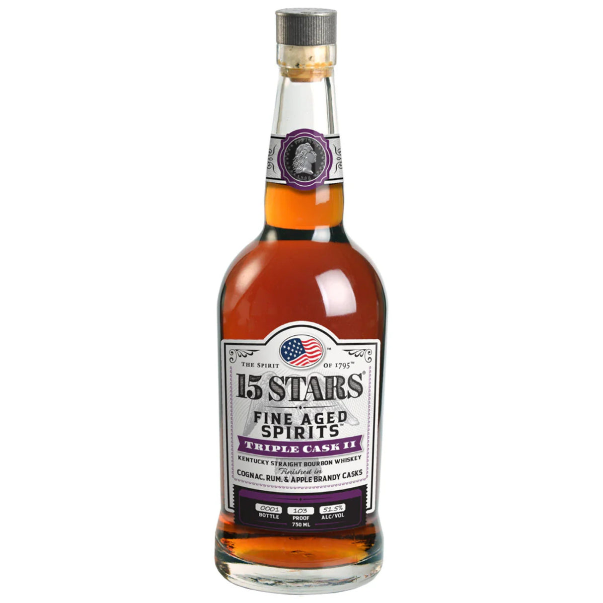 15 Stars Triple Cask II Finished In Cognac Rum & Apple Brandy Fine Aged Kentucky Straight Bourbon Whiskey | Free Shipping on orders $400+