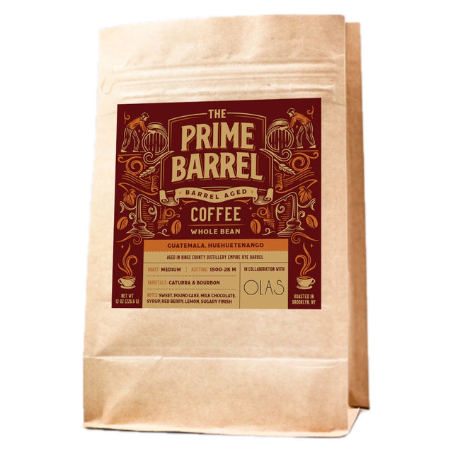 The Prime Barrel x OLAS Roasters Guatemala Huehuetenango Collab Barrel Aged Whole Bean Coffee | Free Shipping on orders $400+