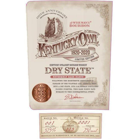 Kentucky Owl Dry State Kentucky Straight Bourbon Whiskey | Free Shipping on orders $400+