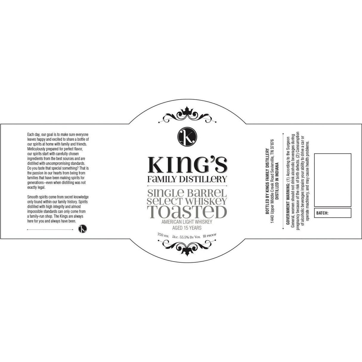 King's Family Distillery 15 Years Old Single Barrel Select "Toasted" American Light Whiskey - De Wine Spot | DWS - Drams/Whiskey, Wines, Sake