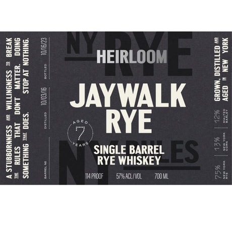 New York Distilling Company 7 Year Heirloom Jaywalk Single Barrel Rye Whiskey - De Wine Spot | DWS - Drams/Whiskey, Wines, Sake