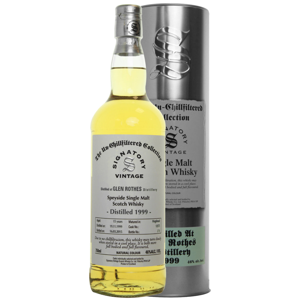 Glen Rothes Bourbon 15 yrs Speyside Unchillfiltered Signatory Single Malt Scotch Whisky 750ml